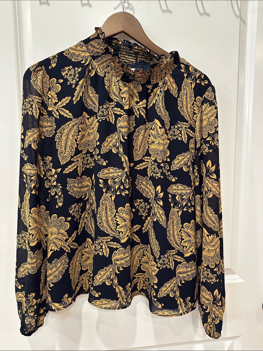 J. Crew Factory Black Blouse with Gold Floral Print